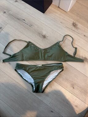 Michael Kors Olive Green Two-Piece Bikini with Grommet Detail